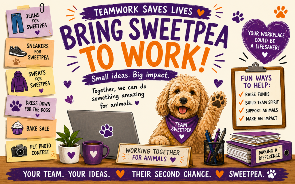 Illustrated Sweetpea workplace fundraising graphic featuring a dog, office setting, and ideas including jeans, sneakers, sweats, bake sales and pet photo contests.