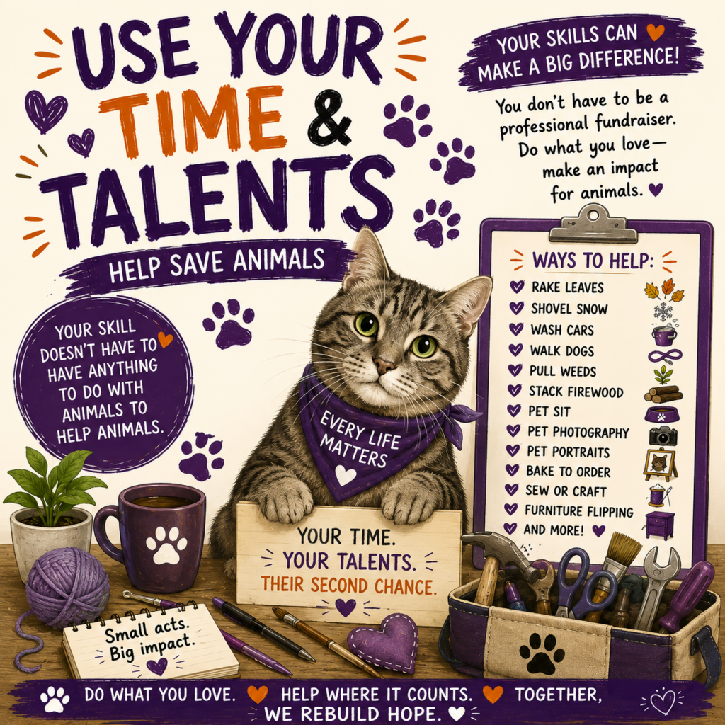 cat at a desk with a list of ways to help raise money for Sweetpea F.O.R. Animals