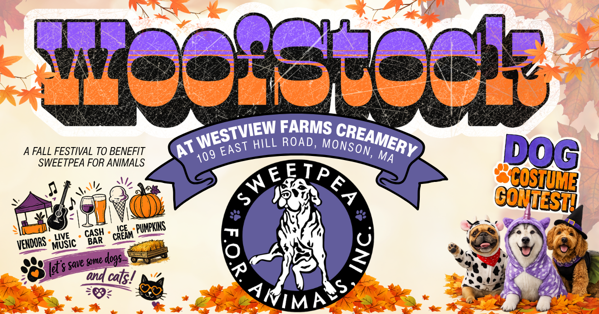 Woofstock at Westview Farms Creamery fall festival benefiting Sweetpea F.O.R. Animals, featuring vendors, live music, cash bar, ice cream, pumpkins and a dog costume contest.